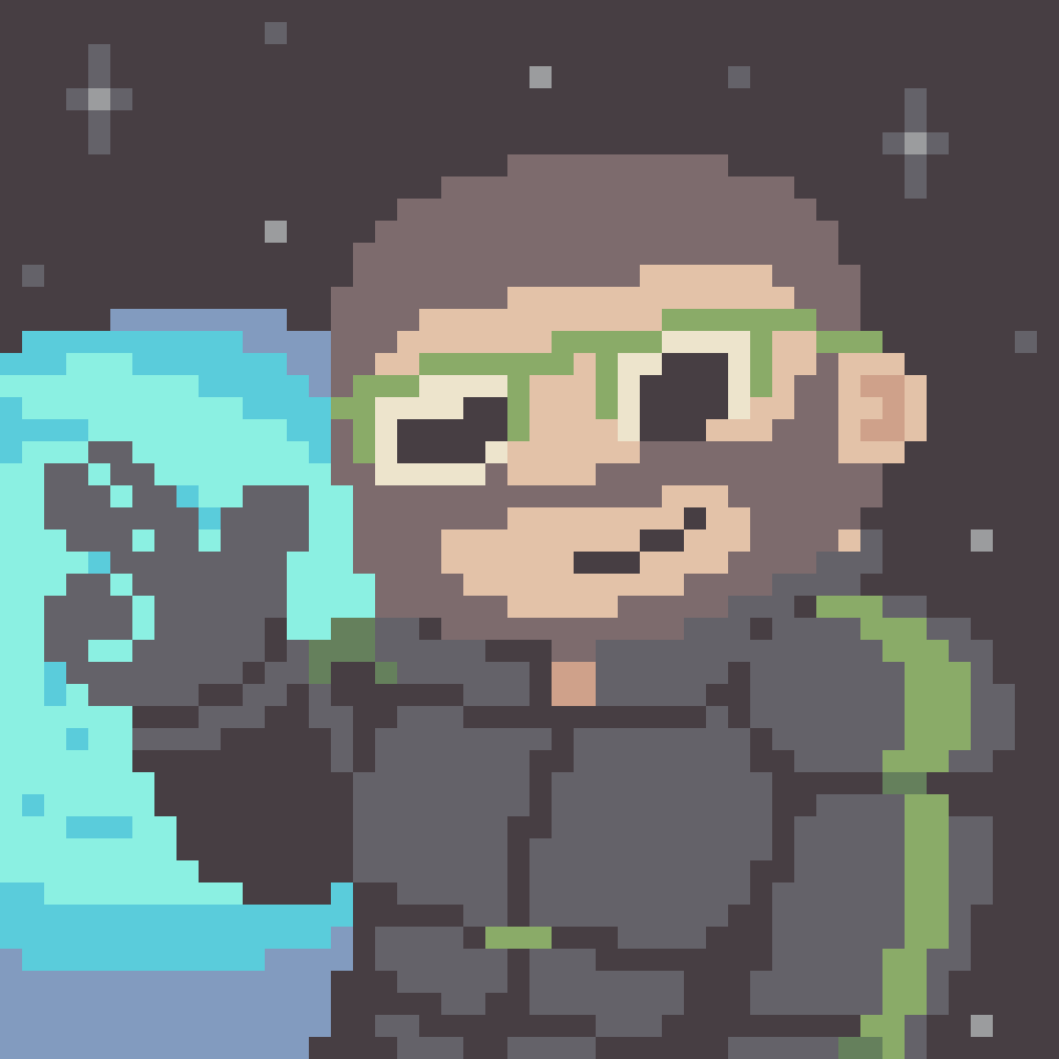 Someone in a space suit doing a wink at the camera, with a planet and stars in the background