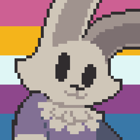 A bunny staring happily at the camera, with the bigender flag at the background